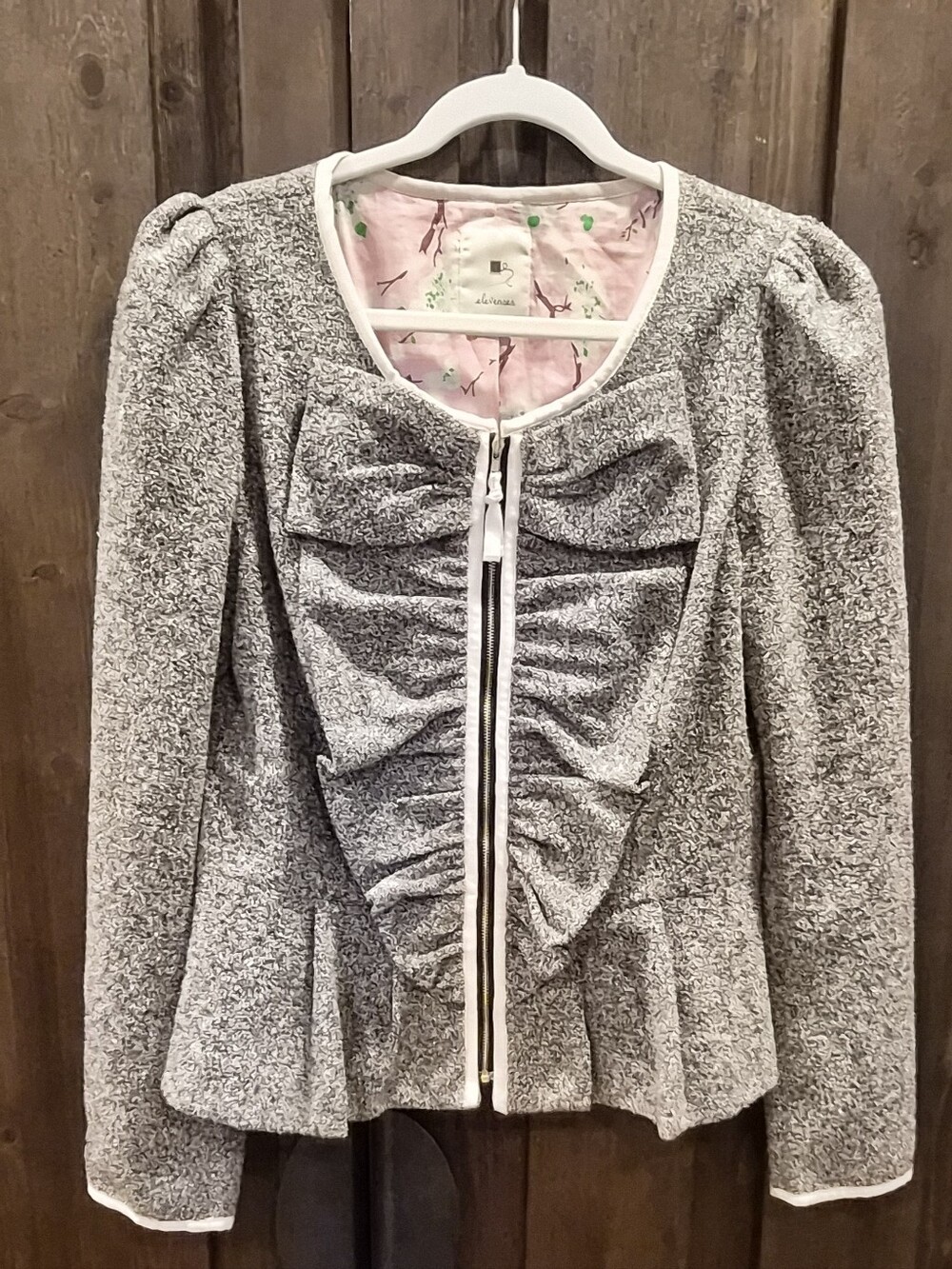 elevenses Gray Ruffle-Front Jacket with Bow Detail